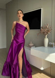 Modest Sheath One Shoulder Grape Satin Slit Long Prom Dresses Slit Side Prom Gowns HZ0311
