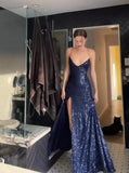 Sexy Black Spaghetti Straps Black Sequin With Slit Lace-Up Mermaid Long Prom Dresses HZ0311
