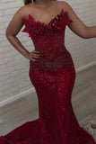 Elegant Mermaid Strapless Burgundy With Beadings Long Formal Prom Evening Dress Dinner Outfits Party Gowns HZ0311