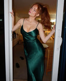 Simple Sheath Spaghetti Straps Silky Satin Dark Green Long Prom Dresses Impress 19th Birthday Outfits Prom Gown HZ0311