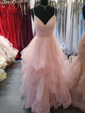 Romantic Light Pink Spaghetti Straps Ball Gown Tiered Ruffles Prom Dress Evening Dress HZ0311