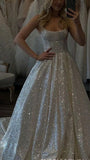 Shiny Wedding Dresses Boho Sweetheart Sequin Spaghetti Strap A-Line Birthday Gowns HZ0311