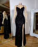 Black Long Prom Dresses For Black Girls Slit Lace Sparkly American African Evening Gowns HZ0311