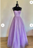 Sparkly Ball Gown Spaghetti Strap Lilac Sequin Long Prom Dresses Senior Graduation Dance Evening Outfits HZ0311