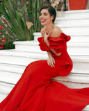Modest Mermaid Off The Shoulder Red Satin Long Prom Dresses Senior Graduation Dance Evening Outfits HZ0311