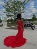 Elegant Mermaid Sweetheart Red Sequin With Beadings Black Girls Long Formal Prom Evening Dress Dinner Outfits Party Gowns HZ0311