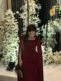 Elegant A line Square Neck Burgundy Chiffon With Sleeves Long Formal Fancy Prom Evening Dress Dinner Outfits Classy Party Gowns HZ0311