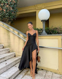 Simple High Low Spaghetti Strap Black Satin Long Prom Dresses Formal Dress Party 20th Birthday Outfits HZ0311