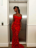 Gorgeous Red Sweetheart Mermaid Prom Dresses Sleeveless Strapless With Lace Party Gown HZ0311