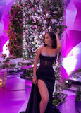 Gorgeous Black Sweetheart Mermaid Prom Dresses Sleeveless With Beads Slit Party Gown HZ0311
