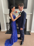 Gorgeous Mermaid Spaghetti Strap Royal Blue Sequin With Backless Open Backs Formal Evening Dress Gowns Prom Dresses HZ0311