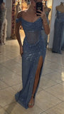 Sparkly Mermaid Off The Shoulder Blue Sequin Long Slit Evening Party Gowns Evening Dress Special Formal Dresses Prom Dress HZ0311