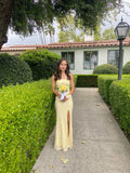 Mermaid Prom Dresses Side Split Spaghetti Straps Sexy Special Dress Lace Appliques Beaded yellow Party Gowns HZ0311