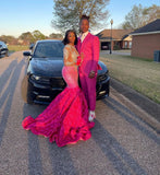 Sparkly Mermaid Scoop Neck Pink Sequined Long Prom Dresses With Long Sleeves For Black Gilrs Formal Dresses HZ0311