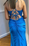 Fashion Prom Dress Blue Spaghetti Straps Slit Evening Dress Long Party Outfits Gala Gown HZ0427