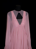 Chic A line V Neck Chiffon Pink Pleated Ruffle Long Prom Dresses Inspiration Evening Gowns Formal Party Prom Dress HZ0311