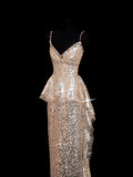 Sparkly Sequin Mermaid Spaghetti Strap Sequined Champagne Long Prom Dresses Inspiration Evening Gowns Formal Party Prom Dress HZ0311