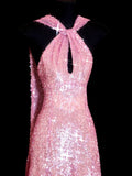 Sparkly Sequin A line Halter Pink Sequined Long Prom Dresses Inspiration Evening Gowns Formal Party Prom Dress HZ0311