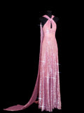 Sparkly Sequin A line Halter Pink Sequined Long Prom Dresses Inspiration Evening Gowns Formal Party Prom Dress HZ0311