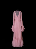Chic A line V Neck Chiffon Pink Pleated Ruffle Long Prom Dresses Inspiration Evening Gowns Formal Party Prom Dress HZ0311