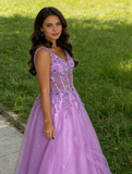 Morden Prom Dress A Line Purple Spaghetti Straps Pleated Tulle Long Gala Gown Evening Dress Party Outfits HZ0427