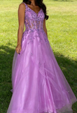 Morden Prom Dress A Line Purple Spaghetti Straps Pleated Tulle Long Gala Gown Evening Dress Party Outfits HZ0427