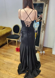 Sexy Prom Dress Black Spaghetti Straps Slit Long Gala Gown Evening Dress Party Outfits HZ0427