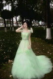 90s Retro Prom Dress Light Green Straps Pleated Tulle Gala Gown Evening Dress Party Outfits HZ0427