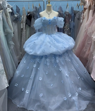 Charming Ball Gown Light Blue Off Shoulder Floral Evening Gala Gown Prom Dresses Quinceanera Dress HZ0427
