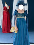 Pretty Imperial Prom Dress Blue Square Neck Pleated Gala Gown Evening Dress Party Outfits HZ0427