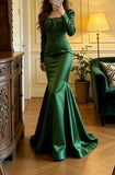 Elegant Prom Dress Dark Green Satin Square Neck Pleated Mermaid Gala Gown Evening Dress Graduation Outfits HZ0427