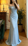 Elegant Prom Dress Light Blue Off Shoulder Pleated Gala Gown Formal Evening Dress Graduation Outfits HZ0427