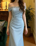 Elegant Prom Dress Light Blue Off Shoulder Pleated Gala Gown Formal Evening Dress Graduation Outfits HZ0427