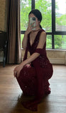 90s Shiny Prom Dress Wine Red V-neck Gala Gown Evening Dress Birthday Party Outfits HZ0427