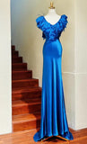 Elegant Prom Dress Satin Blue V-neck Backless Gala Gown Evening Dress Birthday Party Outfits HZ0427