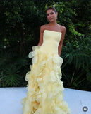 Modest A Line Strapless Yellow Chiffon Prom Dresses Inspo Simple Long Prom Gowns HZ0311