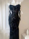 Vintage Mermaid Spaghetti Straps Black Lace Prom Dresses Formal Dress 18th Birthday Outfits Prom Gown HZ0311
