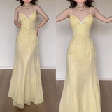 Chic Mermaid Spaghetti Strap Yellow Chiffon Long Prom Dresses For High School People Girls Formal Evening Wedding Guest Gown HZ0311