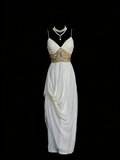 Chic A Line Spaghetti Strap White Chiffon Beads Senior Prom dresses High School Long Formal Dresses HZ0311