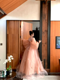 Modest Ball Gown Off The Shoulder Coral Pink With Long Sleeves Bow Prm Dress Aesthetic Long Graduation Evening Outfits HZ0311