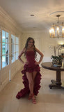Modest High Low Strapless Burgundy Satin Prom Dresses With Beads Evening Party Formal Gown 18th Birthday Gowns HZ0311