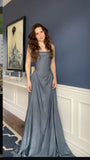 Elegant A Line Spaghetti Straps Gray Pleated Long Prom Dresses Vestidos De Dia HZ0311