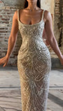 Glitter Mermaid Spaghetti Straps Champagne Beadings Inspo Formal Party Gowns Long Prom Dresses HZ0311