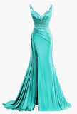 Vintage Mermaid Spaghetti Straps Blue Satin Slit Long Formal Prom Dresses Night Outfits Party Gowns HZ0311