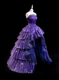 Modest High Low Strapless Purple Satin With Lace Prom Dresses Long Party Dress Grad Formal Evening Dresses HZ0311