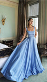 Cute A Line Square Neck Blue Satin Sleeveless Prom Dresses Long Prom Gowns HZ0311