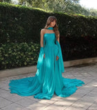 Charming A Line Strapless With Scarf Blue Chiffon Long Prom Dresses Evening Outfits Formal Dress HZ0311