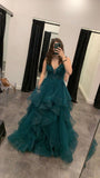 Classy Ball Gown V Neck Dark Green Tulle Appliques Prom Dresses Party Dress Long Evening Dresses HZ0311