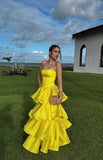 Modest A Line Satin Strapless Yellow Prom Dresses Long for Women Formal Evening Gown HZ0311
