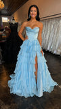 Blue Chiffon Tiered A Line Prom Dresses Long for Women Corset Ruffle Side Slit Formal Evening Gown HZ0311